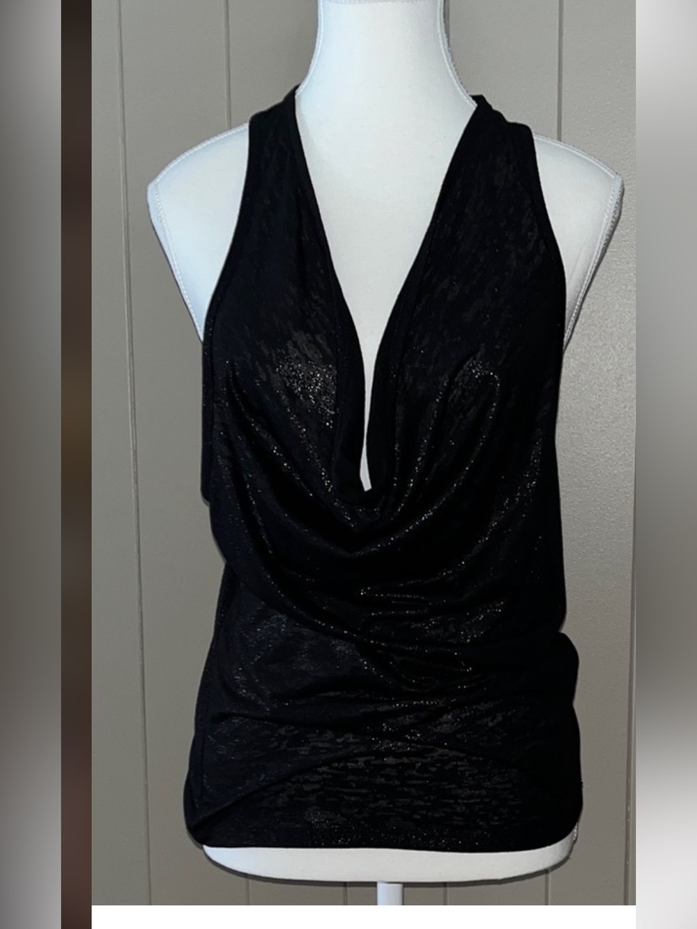 Guess Black Halter Cowl Neck Racerback top in shimmering burnt out cotton